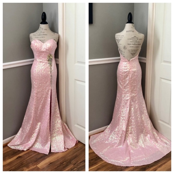 NEW TIFFANY DESIGNS SZ 4 LIGHT PINK SEQUIN BEADED FORMAL EVENING GOWN - Picture 2 of 13